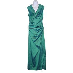 Talbot Runhoff Long Gown Sleeveless Faux Wrap Top Ruched Front Green Shimmer 12